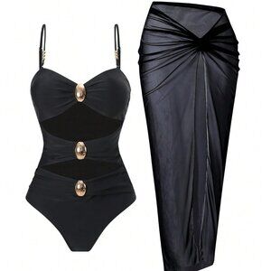 New WDIRARA Med Women's 2 Piece Swimsuit Metal Cut Out Bathing Suit &  Cover Up